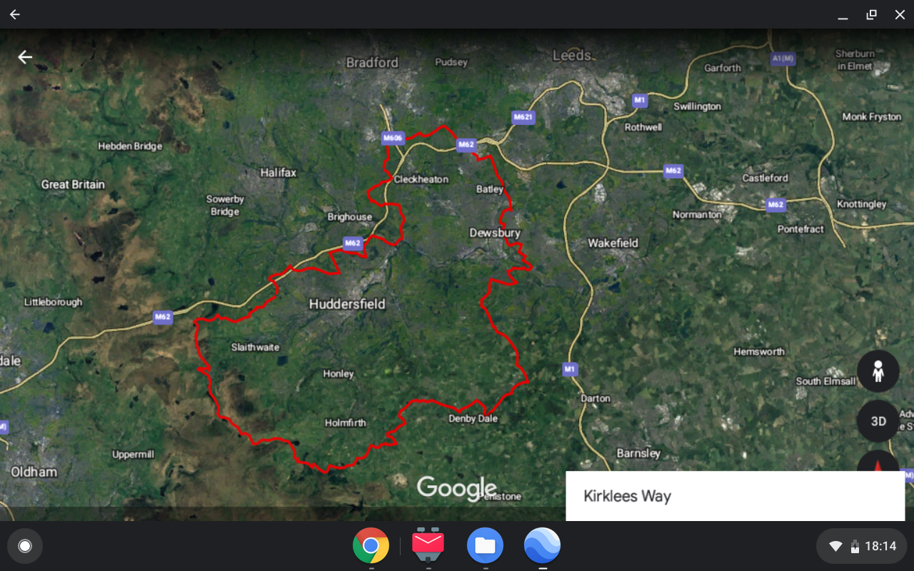 map of the route of the Kirklees Way