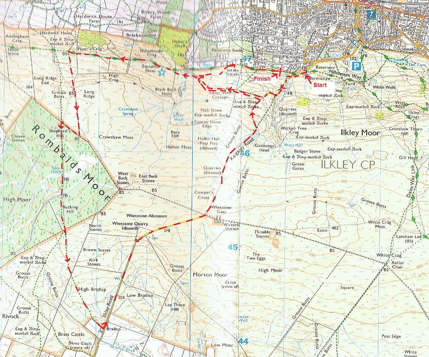 map of the trail variant of the Rombalds Romp Race